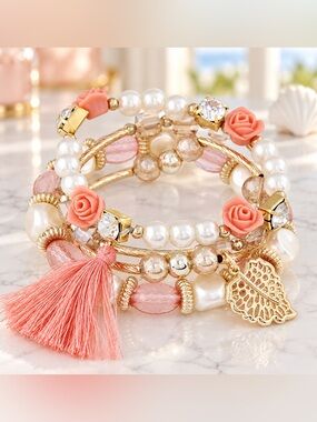 Pink Gold Boho Layered Bracelet Set Faux Pearl Floral Crystal Tassel NEW